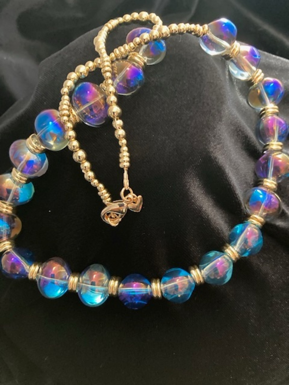 Gold Beaded Necklace with Iridescent Blue Glass Beads